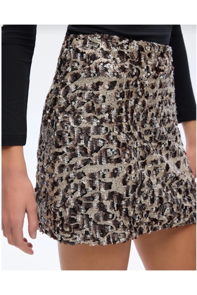 caddebutik20 Payetli Leopar Desenli Mini Etek