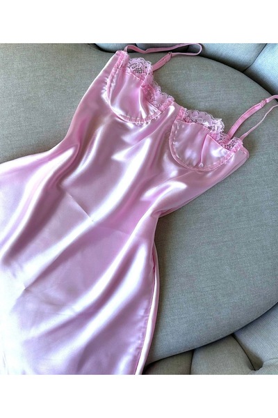 HAMA LOVE Kadın Pembe Saten Gecelik