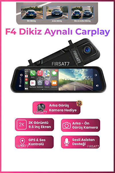 Fırsat7 F4 Dikiz Aynalı Carplay Apple Android Uyumlu 9.6 inç 2K Görüntü Arka/Ön Görüş Kameralı Araç Ekranı