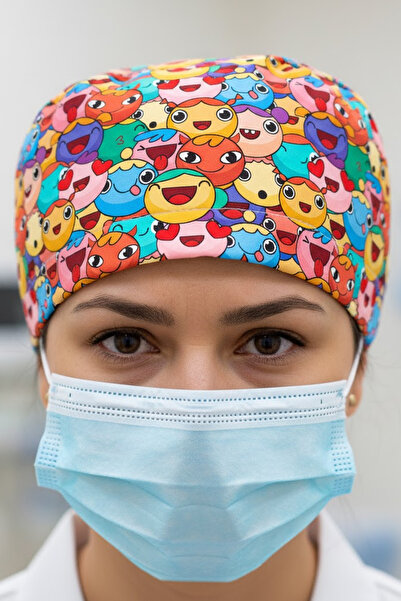 Lion Üniforma Gülen Renkli Surat Desenli Cerrahi Bone Unisex – Likralı Doktor...