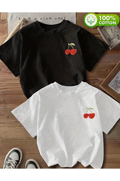 LELVANİ Pachet de 2 tricouri cu imprimeu alb-negru, cu model cireș, combinați...