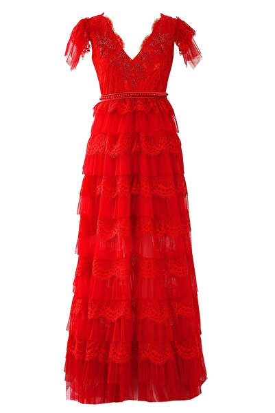 ambar studio Karine red lace and tulle long dress with ruffles