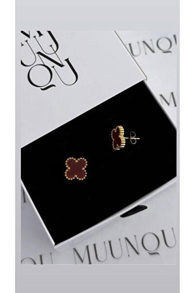 STİL NOKTA Çelik Yonca Van Cleef Bordo Renk Küpe Kararma Yapmaz