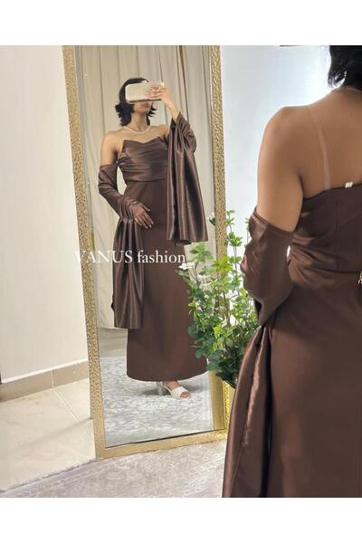 vanus fashion 6237- فستان بني أنيق بتصميم فخم ولمسة كلاسيكية