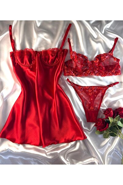 HAMA LOVE Kadın Saten Gecelik İç Çamaşır Takımı