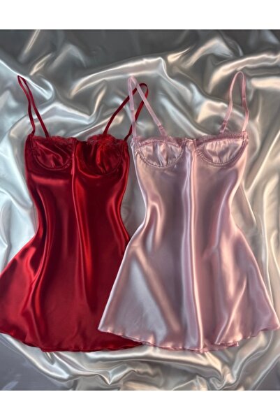 HAMA LOVE Kadın Kırmızı - Pembe Saten Gecelik