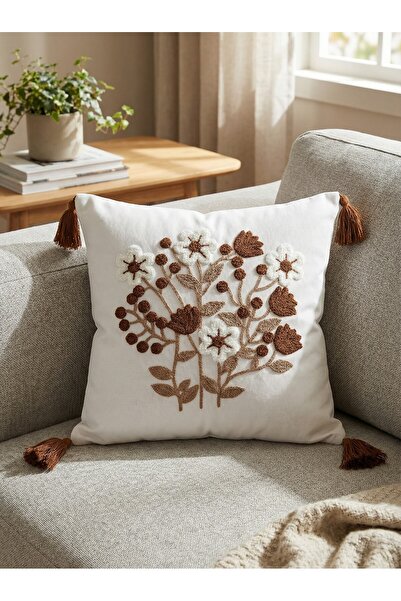 MACASA Bohemian Style Single Punch Embroidered 100% Cotton White Fabric Handmade Tassel Detailed Throw Pillow Cover