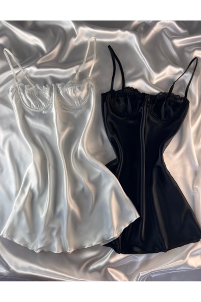 HAMA LOVE Kadın Beyaz - Siyah Saten Gecelik