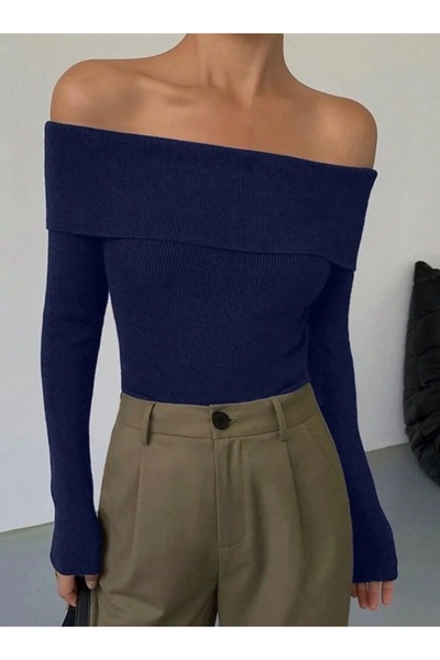 Be Best Γυναικεία μπλούζα Navy Blue Madonna Collar πλέξη ριμπ BE165