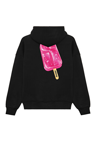 THE RULE Unisex Stüssy Ice Cream Printed Oversized Loose Fit 3 Thread Ş Fleece-Lined Black K Hooded Sweatshirt