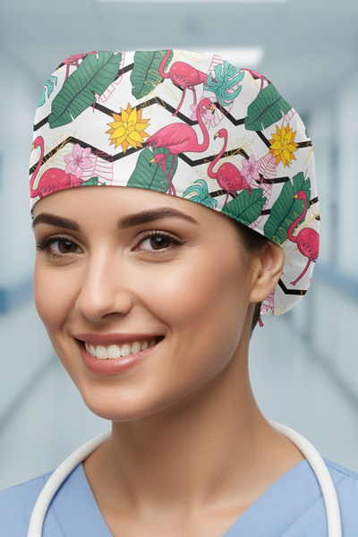 Lion Üniforma Flamingo Yeşil Desenli Cerrahi Bone Unisex – Likralı Doktor Hem...