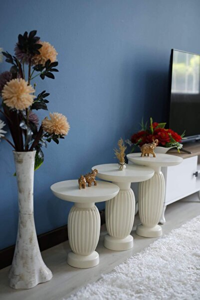 Simillo Home&Living 3'lü Çizgili Vazo Beyaz Yan Sehpa