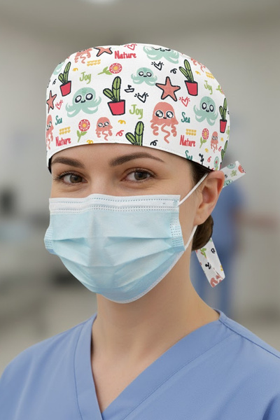 Lion Üniforma Kaktüs Ahtapot Desenli Cerrahi Bone Unisex – Likralı Doktor Hem...