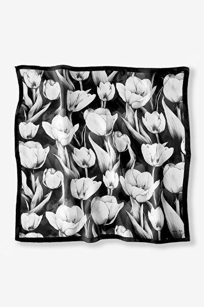 Galiga Siyah Beyaz Laleler %100 İpek Fular 55x55cm