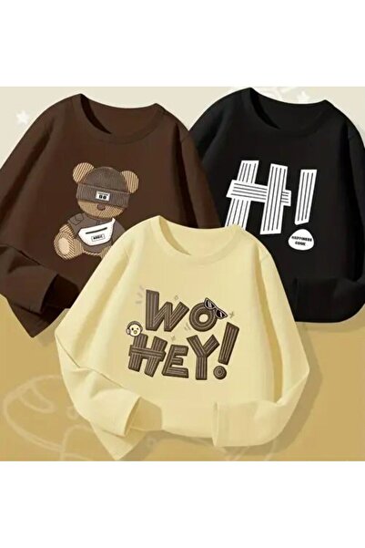 VESTIR BIEN Kahverengi-Bej-Siyah Ayı-WO Hey-Hi Baskılı 3'lü Sweatshirt