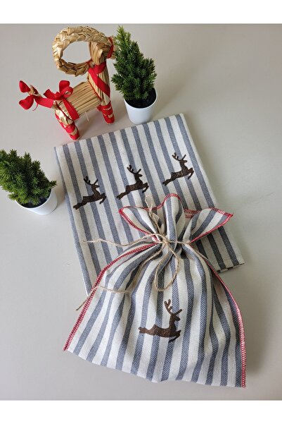 HMM DESİGN Çizgili Keten Yılbaşı Havlusu ve Hediye Kesesi Seti | Geyik Desenli Noel Mutfak Havlusu