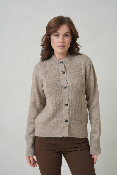 ÖNDER MODA Women's Crew Neck Bow Button Knit Sweater Cardigan - Beige