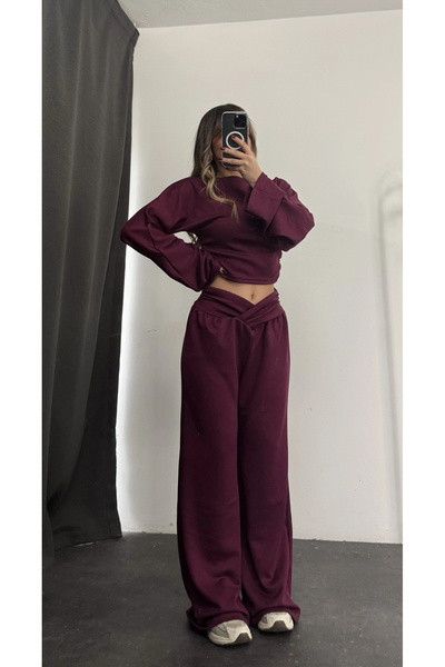 nona butik طقم شيرلي بتفاصيل الخصر - لون بورجوندي