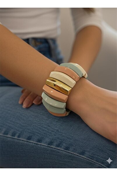 Pelin Aksesuar Pastel Colored Curved Gold Detailed Bracelet