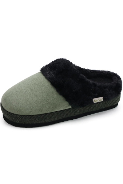 ONCAI Papuci de damă cu blană, talpă antiderapantă, mărimea 37, verde cu negru