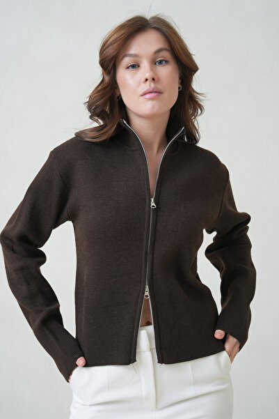 ÖNDER MODA Women's Half Turtleneck Zippered Cardigan - Brown