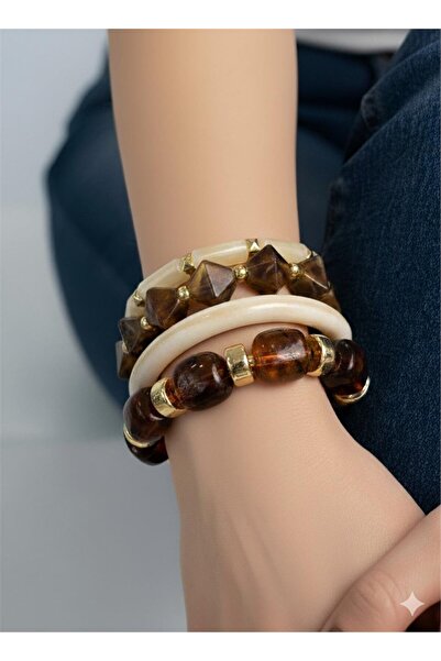 Pelin Aksesuar Prism Beaded Combination Bracelet in Coffee and Bone Tones