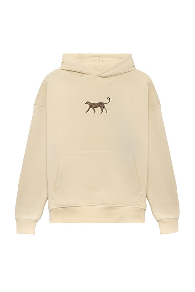 THE RULE Unisex Leopard Printed Oversized Bol Cut Cotton 3 Thread Ş Fleece-Lined Beige K Hooded Sweatshirt