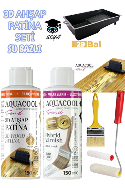 Aquacool Trend 3d ahşap patina seti su bazlı 150 ml- parlak vernik 150 ml - b...