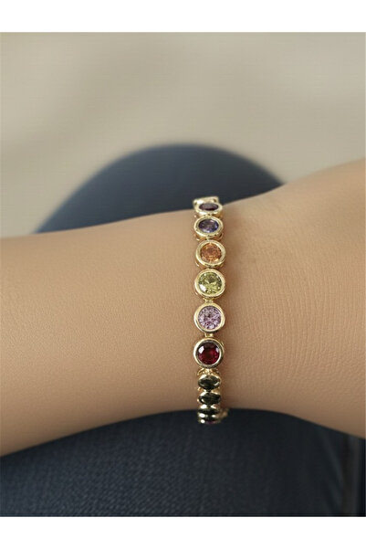 Pelin Aksesuar Gold Renk Çok Renkli Yuvarlak Taşlı Su Yolu Bileklik