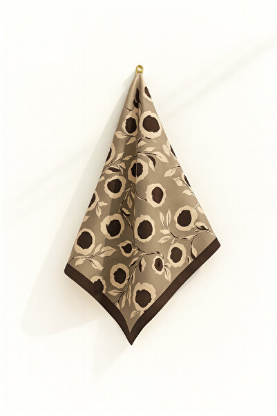 AGAPI Soft Çiçek Desenli Saten Fular Bandana 50x50 cm – Bej Kahve Tonları Şık...