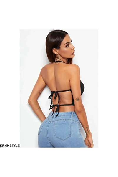 KRMNSTYLE Kadın Siyah İnce Askılı Crop Top, Esnek Kumaş Şık Günlük Üst