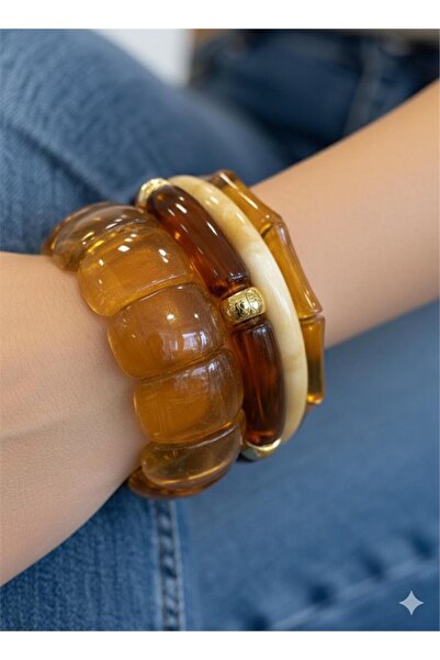Pelin Aksesuar Amber and Bone Color Natural Looking Resin Bracelet Set