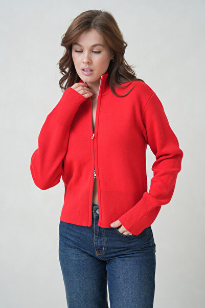 ÖNDER MODA Women's half turtleneck zippered cardigan - pomegranate flower