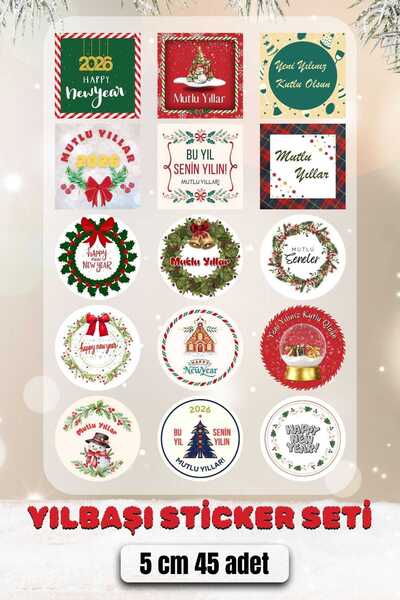 Sticker Ekspres Yılbaşı Temalı Karışık Çeşit Sticker - Mutlu Yıllar Etiketi - Hediye Paketi Etiket Paketleme