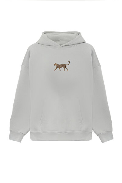 THE RULE Unisex Leopard Printed Oversized Bol Cut Cotton 3 Thread Ş Fleece-Lined Gray K Hooded Sweatshirt