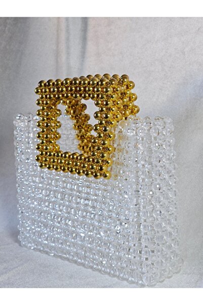 AGH Değerli Hediyeler Handmade Transparent Crystal Beaded Bag - Gold/Golden Y...