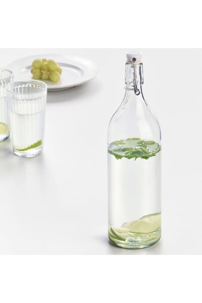 IKEA QUİCK Cam Su Şişesi 1 Litre Stoperli Şeffaf Şişe Yükseklik 29 Cm Sızdırm...