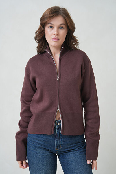 ÖNDER MODA Women's Half Turtleneck Zippered Cardigan - Plum