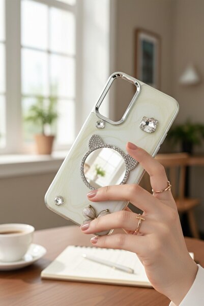 batuteknoloji Oppo Reno 6 Aynalı Taşlı Fiyonklu Kabartma Yüzeyli Lady BTU Sil...