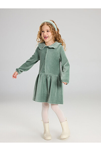LC Waikiki Alita City Lcw Kids Turquoise Velvet Plain Girls' Dress with a Dif...