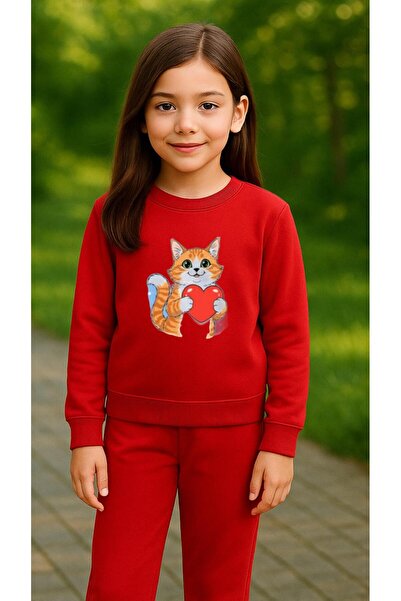 playwear سترة رياضية KALP KEDİ B مطبوع للفتيات والأولاد برقبة دائرية3 4-5-6-7...