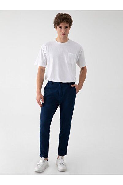 Ltb Linen Look Straight Leg Navy Blue Trousers