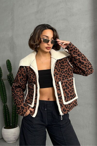 VERYMODA معطف من القطيفة بنقشة الفهد - بني أسود | |   F1814 - بني أسود
