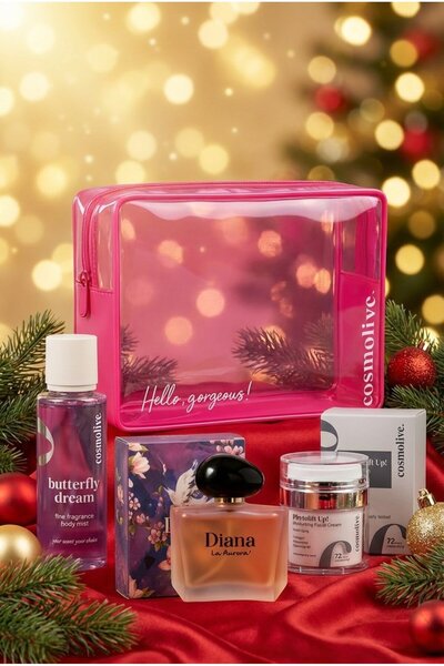 Cosmolive Premium Yılbaşı Ürünleri Hediye Seti Makyaj Çantası, Kadın Parfüm Ve Vücut Spreyi Body Mist