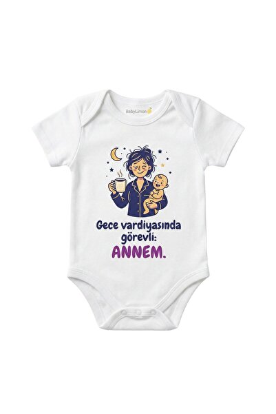BabyLimon Mom on Night Shift Printed Baby Bodysuit, White, Short Sleeves