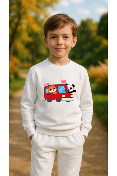 playwear Takım Sweatshirt KAMYON KEDİ Baskılı Kız Erkek Çocuk Bisiklet Yaka3 ...