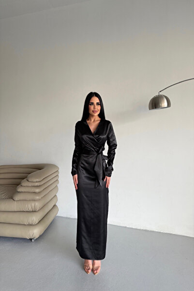 LİLA İSTANBUL Круазе-комір, застібка на талії, чорна атласна сукня