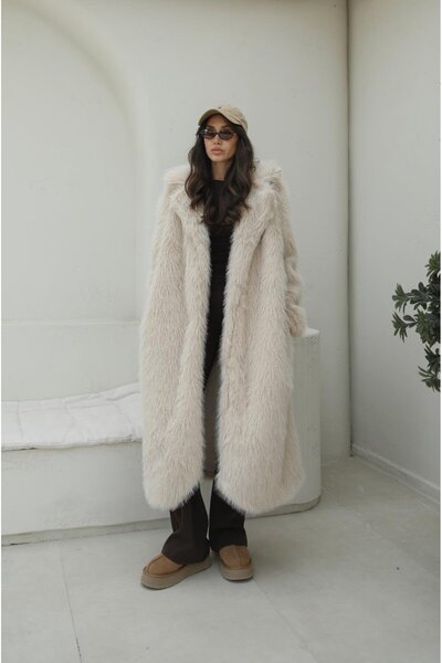 Havoş Бежевий довгий штучний хутряний пальто