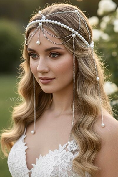 LIVOSH إكسسوار رأس من اللؤلؤ مع سلسلة من هيرا، تاج زفاف، تاج للعروس