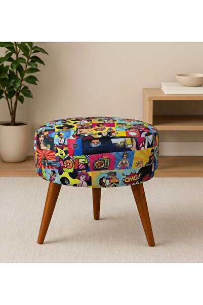 çataloğlu tekstil Desenli Çok Amaçlı Yuvarlak Puf Ahşap Ayaklı Dekoratif Otur...